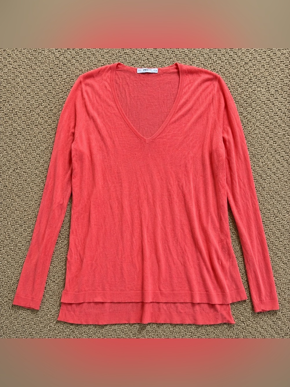 Zara Coral Long Sleeve V-Neck Knit Top